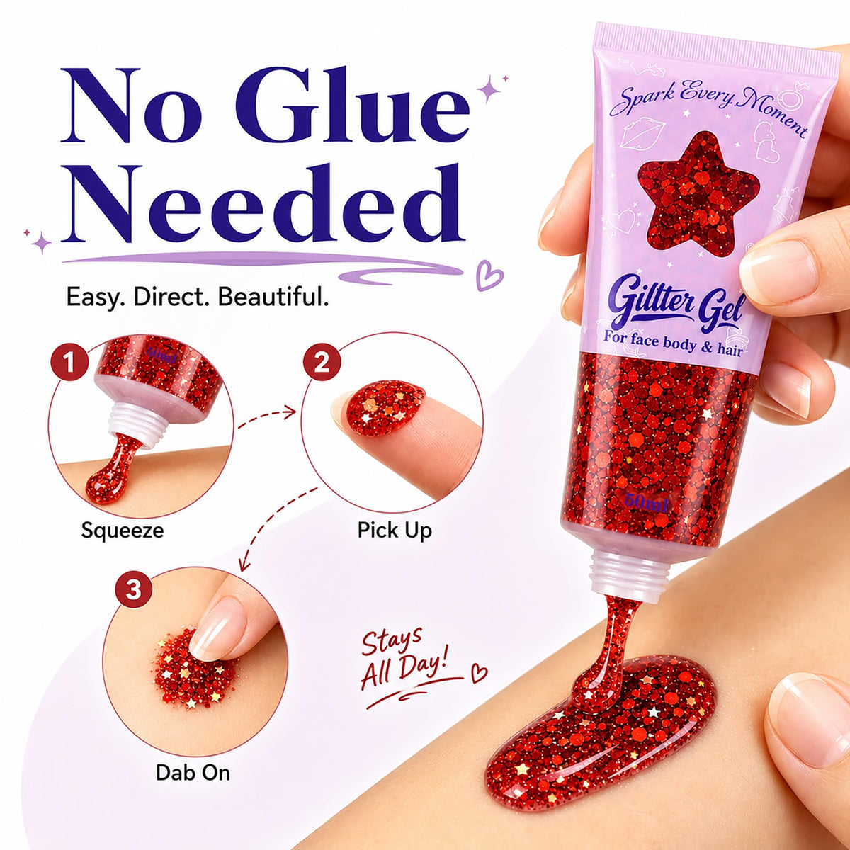 Red Body Glitter Gel for Face, Body and Hair, 50ml