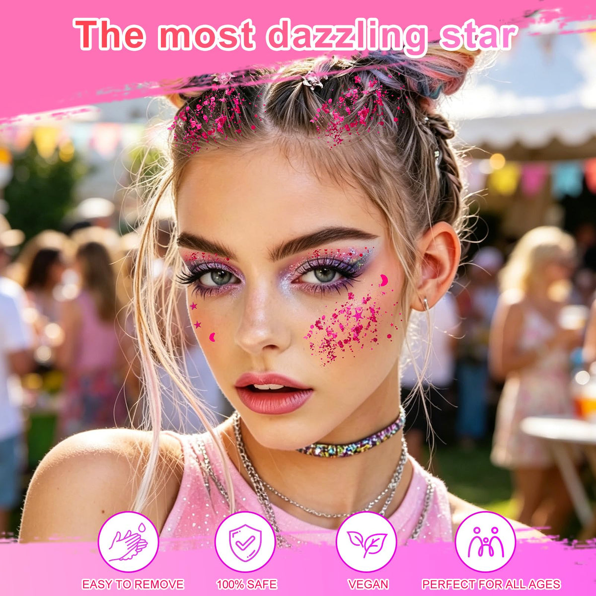 Pink Body Hair Glitter Gel(18ml*2),Self-Adhesive Cosmetic Glitter for Kids