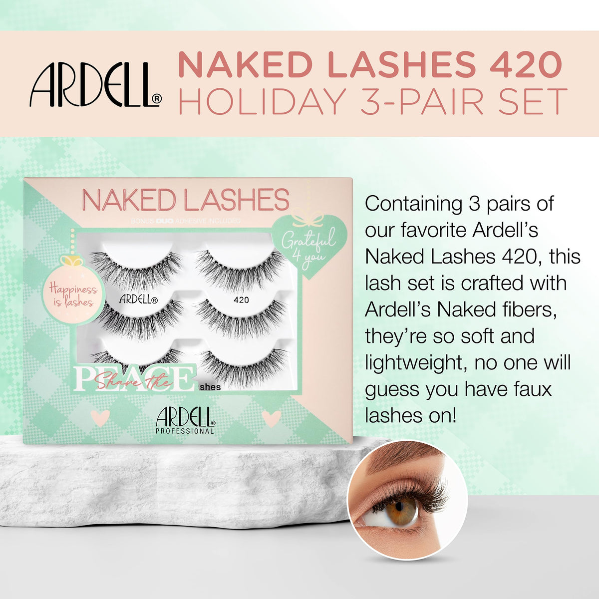 Ardell Naked Lashes 420 – Natural Look False Eyelashes with Bonus Duo Adhesive, Soft & Fluffy Wispy Lashes Strips, Holiday Gift Set, 3 Pairs