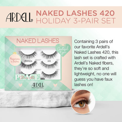 Ardell Naked Lashes 420 – Natural Look False Eyelashes with Bonus Duo Adhesive, Soft & Fluffy Wispy Lashes Strips, Holiday Gift Set, 3 Pairs
