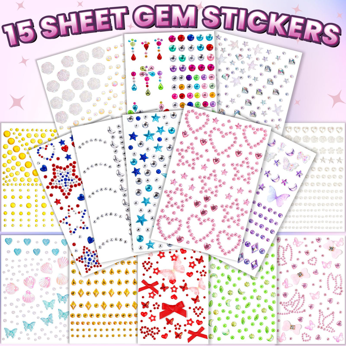 FANDAMEI Face Gem Stickers, 15 Sheets Self Adhesive Face Gems, Bedazzling Rhinestone Stickers for Face Body Hair Nail Art, Multi-Style Sticker Gems Jewel Stickers for Kids Women Halloween Make Up