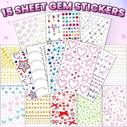 FANDAMEI Face Gem Stickers, 15 Sheets Self Adhesive Face Gems, Bedazzling Rhinestone Stickers for Face Body Hair Nail Art, Multi-Style Sticker Gems Jewel Stickers for Kids Women Halloween Make Up