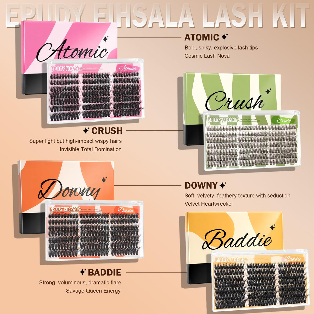 Crush Natural Wispy Lash Clusters – Soft C Curl Lash Clusters 10-14mm 210Pcs | DIY Eyelash Extension Kit with Bond & Seal Tweezers for Clean Soft Glam Look EPUDY FIHSALA