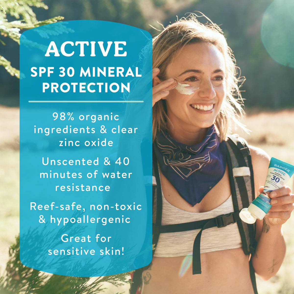 Badger Mineral Sunscreen Cream SPF 30, Reef Safe, Travel Size, 2.9 fl oz