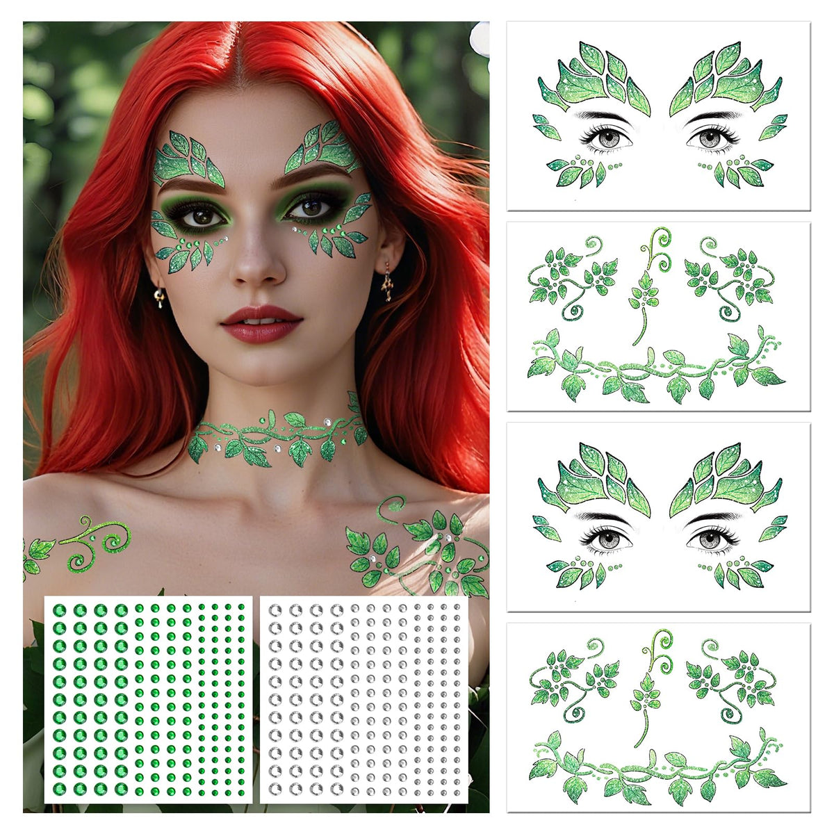 Halloween Leaf Face Makeup Temporary Tattoos+Green White Faces Gems