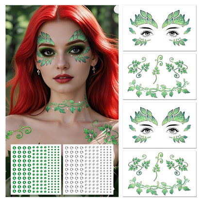 Halloween Leaf Face Makeup Temporary Tattoos+Green White Faces Gems