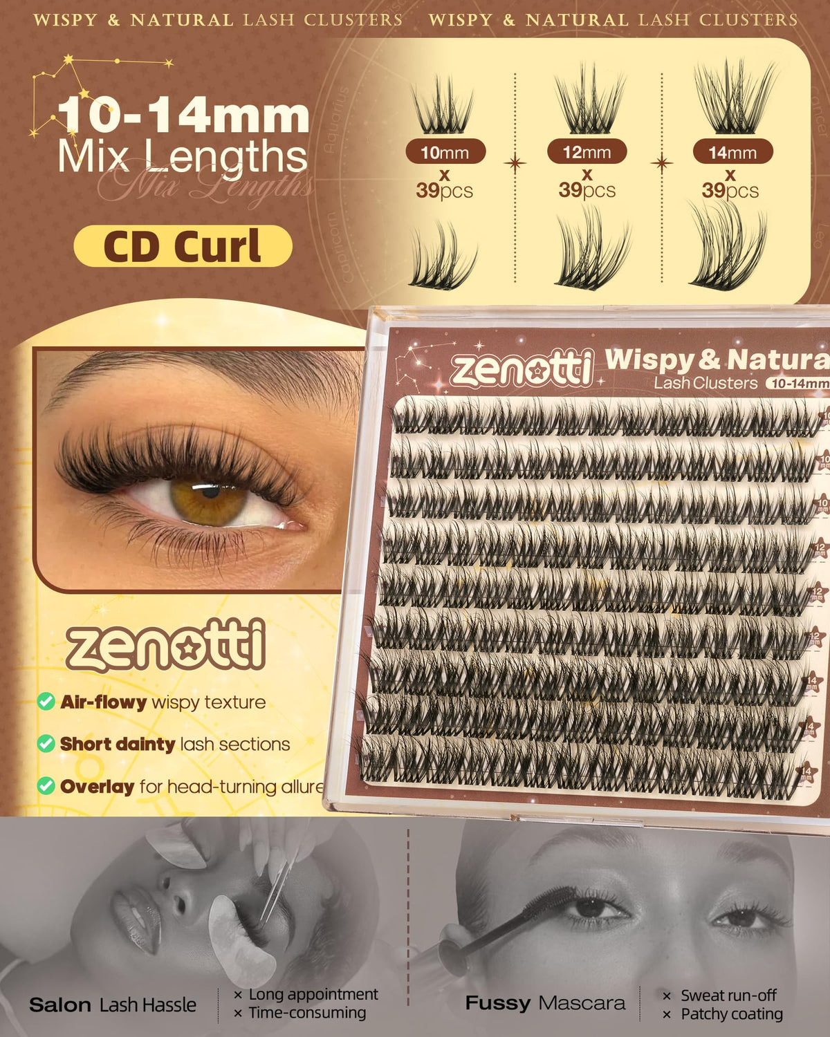 Wispy Lash Clusters Short 10-14mm Natural Eyelash Clusters Fluffy Cluster Eyelash Extensions Soft Individual Lashes with Invisible Band CD Curly for Daily Wear by zenotti