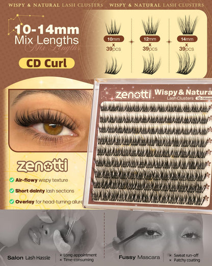 Wispy Lash Clusters Short 10-14mm Natural Eyelash Clusters Fluffy Cluster Eyelash Extensions Soft Individual Lashes with Invisible Band CD Curly for Daily Wear by zenotti