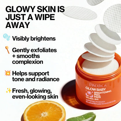 Pacifica Glow Baby Brightening Peel Pads 10% AHA + BHA Exfoliating Face Pads for Glowing Skin Resurfacing Glycolic Acid & Salicylic Acid Pad to Smooth Texture & Minimize Pores Fragrance Free 60 Count