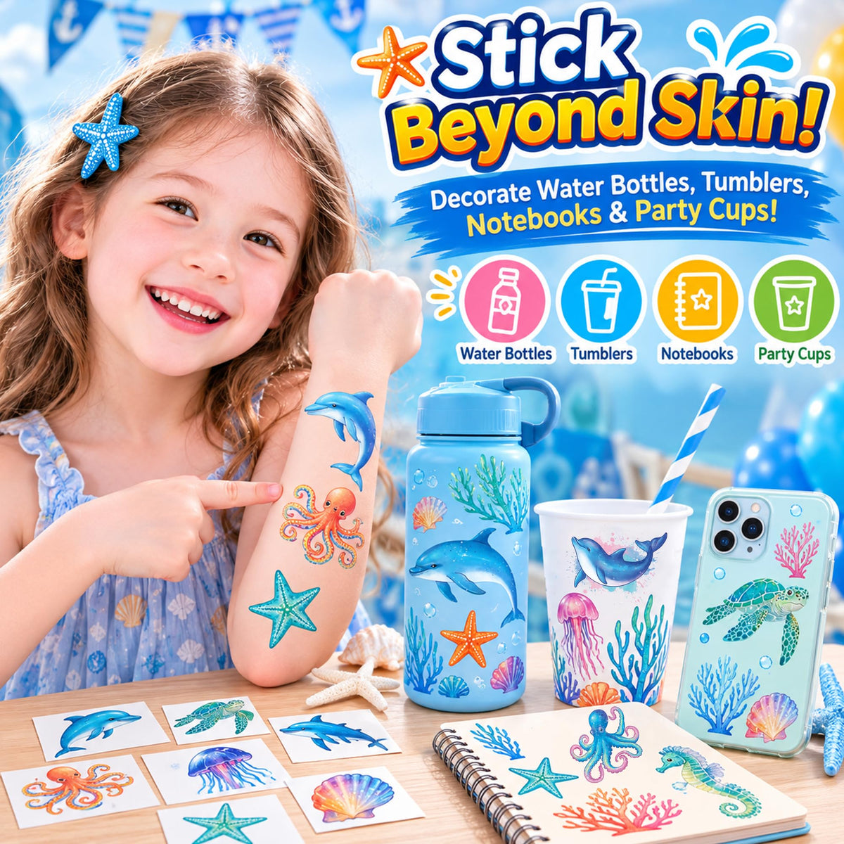 120 PCS Temporary Tattoos for Kids - Ocean Sea Animal Shark Whale Fish |