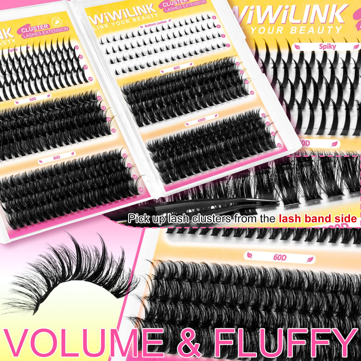 WiWiLINK Fluffy Lash Clusters Kit Wispy 452Pcs Eyelash Clusters with Spikes 50D 60D 80D 100D Manga Cluster Eyelash Extensions Kit Volume Lash Extension 10-16mm False Eyelashes Kit