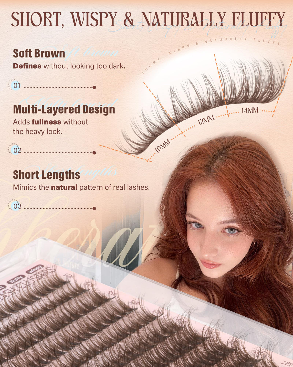 PHKERATA Short Brown Lash Clusters 10-14mm Wispy Eyelash Clusters Fluffy