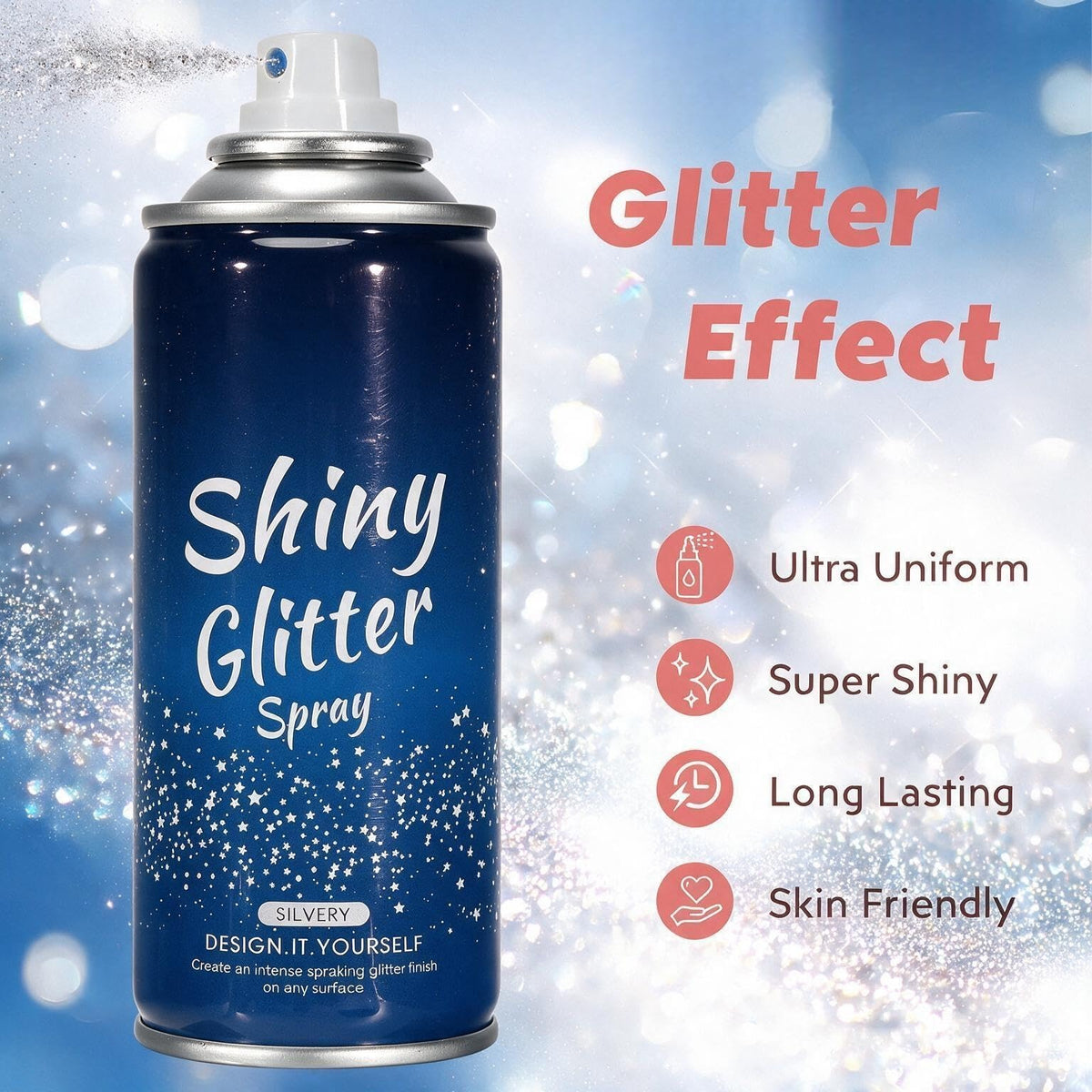 Body Glitter Spray【Long Lasting】【Skin Friendly】【Quick-Drying】 Glitter Spray for Hair/Body 120ML，Silver