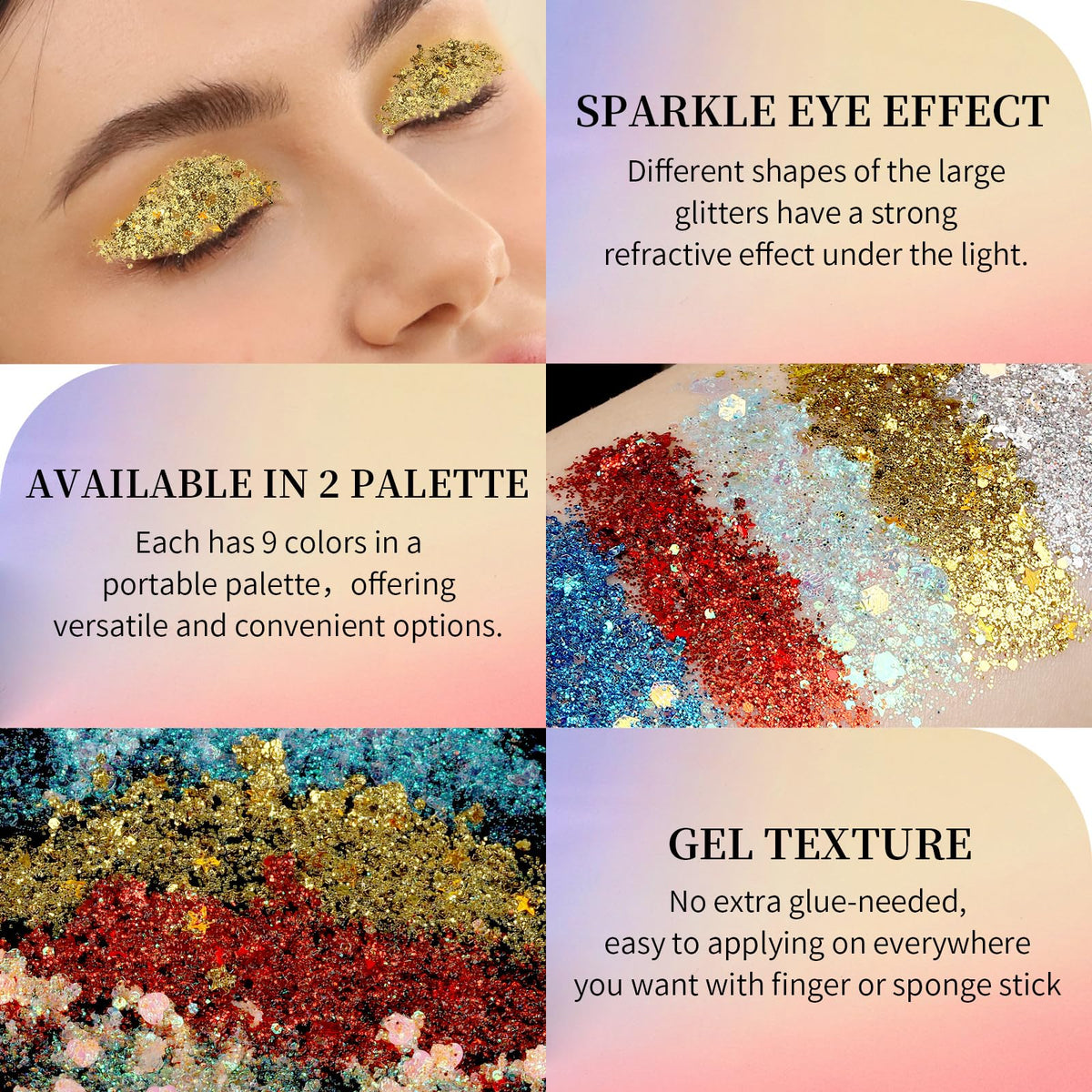 FANDAMEI Face Glitter, 2 PCS Face Glitter Gel 18 Grids, Body Hair Glitter for Kids Women for Makeup, Halloween Rave Concert Face Paint Glitter