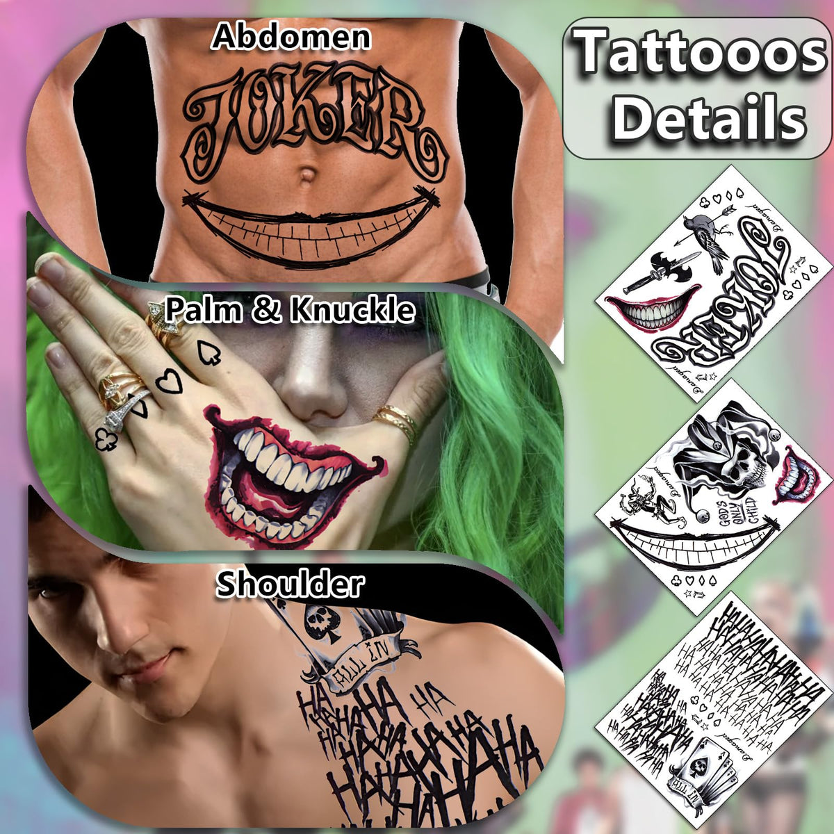 Joker Tattoos Halloween - HAHAHA Damaged JOKER Smile Temporary Tattoos Fake Tattoo Stickers Joker Costume Masquerade Cosplay Party Accessories Makeup Waterproof