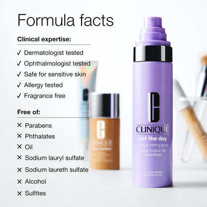 Clinique Set The Day Makeup Setting Spray With Aloe Water + Antioxidants | Sets Makeup All Day | Soothing + Hydrating Face Mist | Alcohol-Free + Suitable For Sensitive Skin, 3.3 Fl Oz