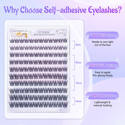 Self Adhesive Eyelashes, Individual Lashes Clusters for Fluffy Lash Clusters Kit, Pre Lash Glue Wispy Cluster Eyelash Extensions Kit Easy to Apply 120 PCs 8mm 10mm 12mm 14mm