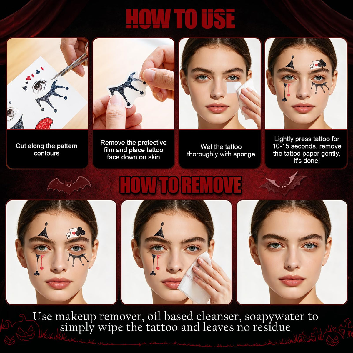 Halloween Clown Face Tattoos, Temporary Tattoos for Costume Makeup Cosplay