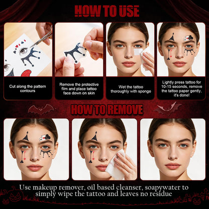 Halloween Clown Face Tattoos, Temporary Tattoos for Costume Makeup Cosplay