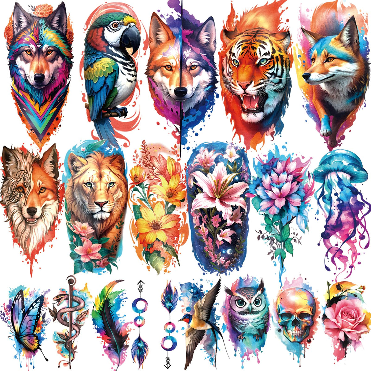 77 Sheets Temporary Tattoo, 17 Sheets Half Arm Flower Lion Tiger Cat Owl Parrot Fake Tattoos for Adults Shoulder Neck, 60 Sheets Tiny Waterproof Temporary Tattoos Realistic for Women Girls and Kids