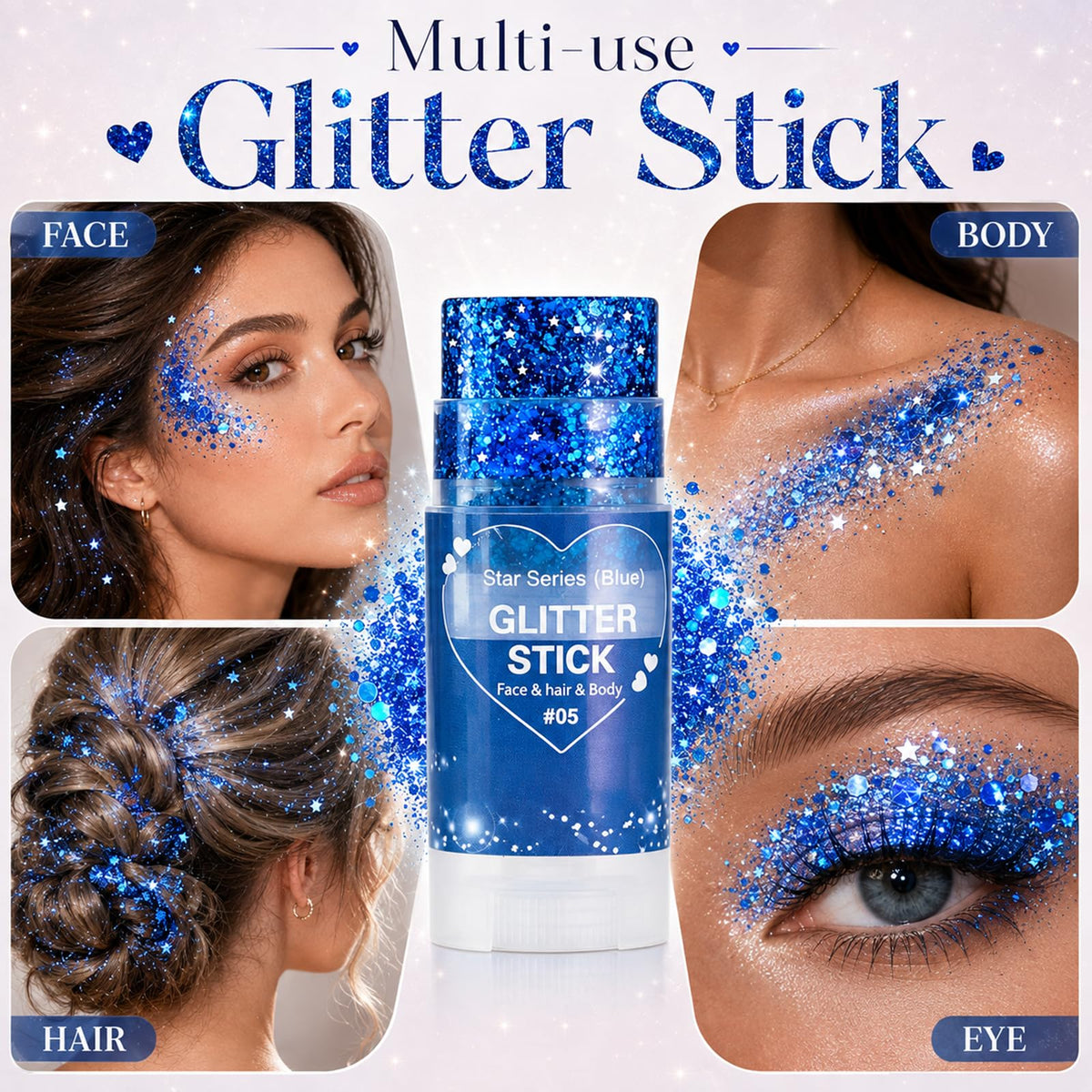 Go Ho Blue Glitter Stick, Sparkly Hair Face Body Shimmer for Women Kids