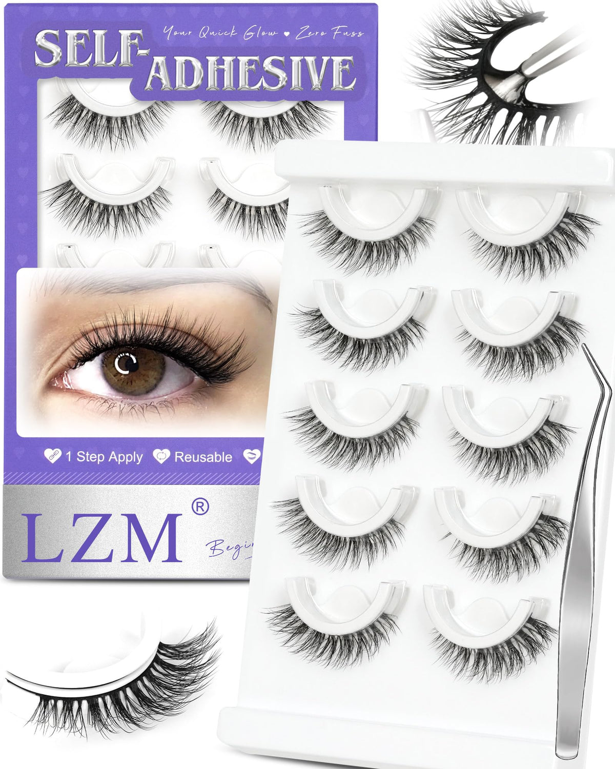 LZM Pre-glued Self Adhesive Eyelashes, No Glue Eyelashes Lashes 12mm 6D28