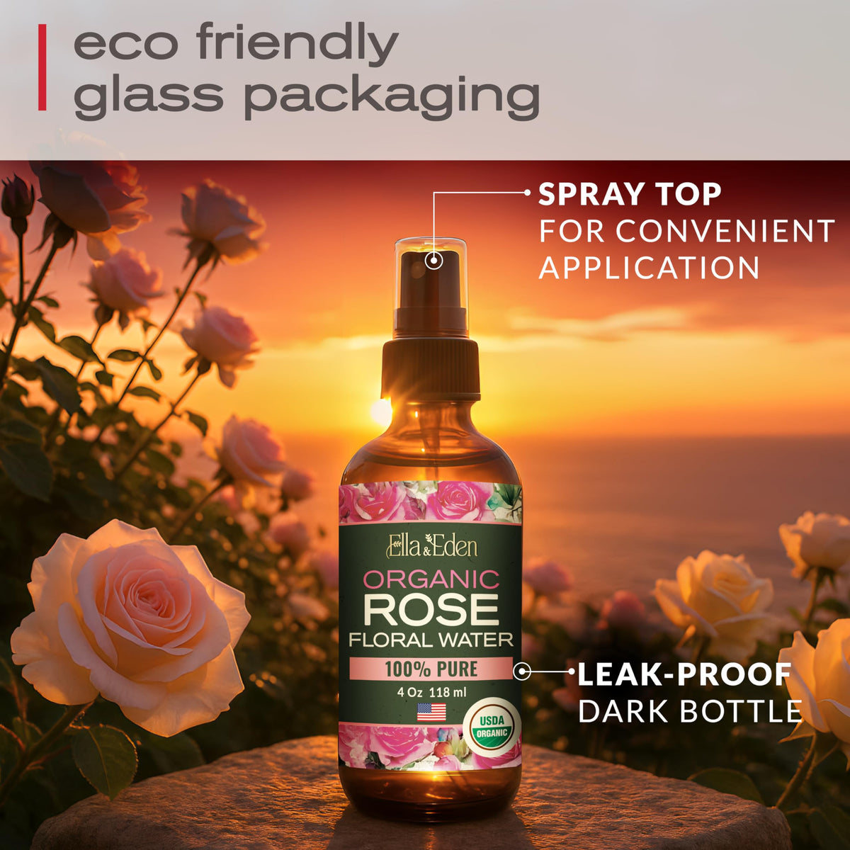 Organic Rose Water Spray for Face, USDA Certified 100% Pure, 4 Fl Oz
