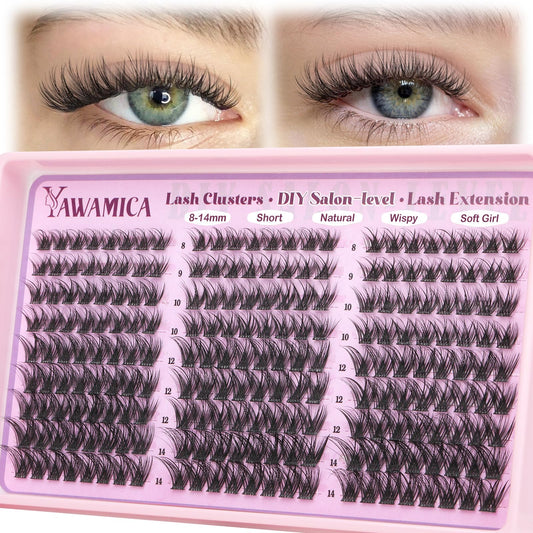Wispy Lash Clusters Natural Fluffy Eyelash Clusters Lashes 8-14mm Short Cluster Eyelash Extensions 216pcs D Curl Individual Lashes DIY Extensions at Home for Beginners by Yawamica