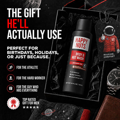 HAPPY NUTS Big Wood Body and Nut Wash - Moisturizing Men's Shower Gel, Bodywash with Deep Cleanse for Sensitive Skin - Men's Body Soap