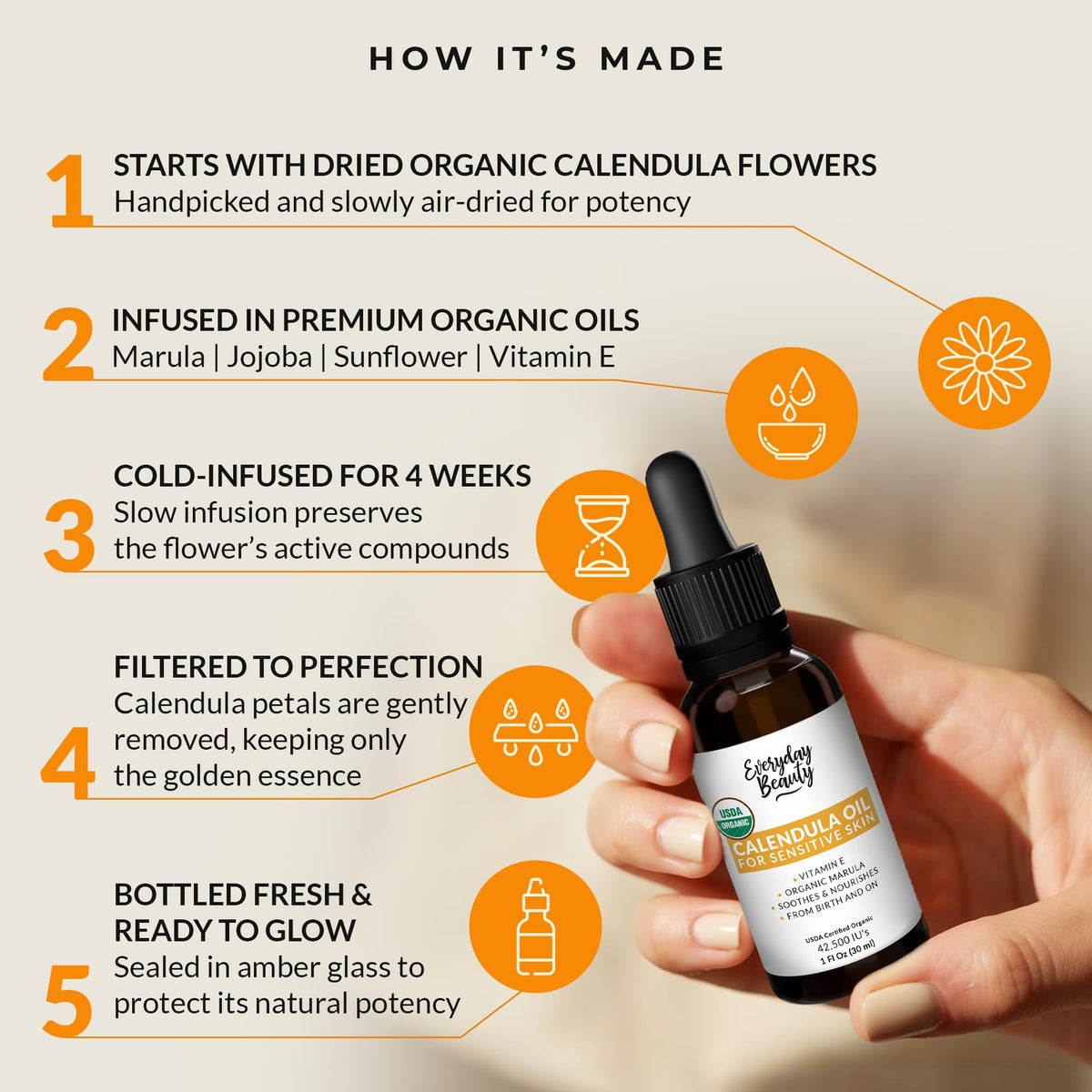 Organic Calendula Oil For Sensitive Skin - USDA Certified 100% Natural Plant Based, Lightweight & Unscented Gentle Soothing Oil For Sensitive Skin - For Face, Skin & All Over - 1 Fl Oz Glass Dropper