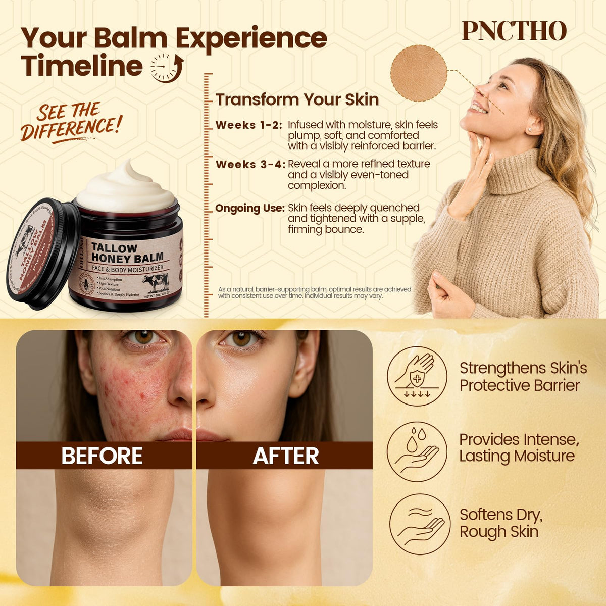 Pnctho Beef Tallow for Skin, Tallow and Honey Balm with 100% Grass-Fed Beef Tallow & Raw Wild Honey, Natural Face & Body Moisturizer for Deep Hydration, Barrier Repair, Soothing Relief 2.1 OZ