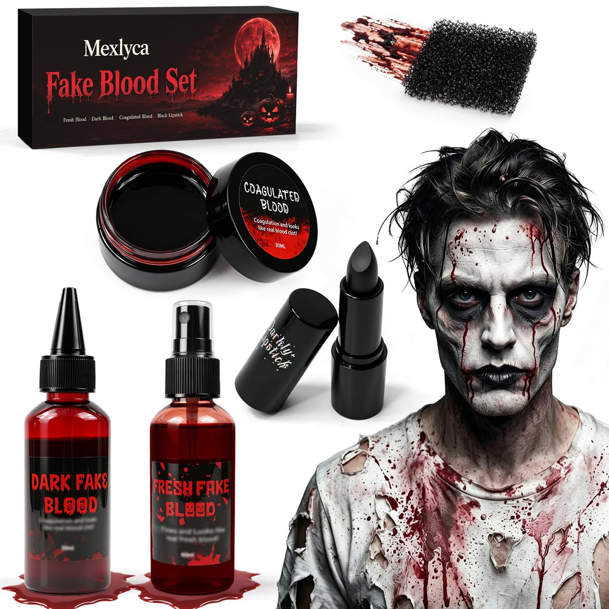 Halloween Fake Blood Kit, 2 × 60ml (2 fl oz each) Large Capacity with Spray Drip Blood, 30g Coagulated Gel and Black Lipstick for Vampire Zombie Clown Demon Ghoul Slasher Cosplay SFX Makeup Kit