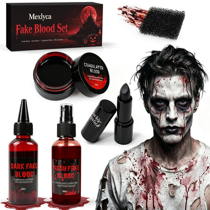 Halloween Fake Blood Kit, 2 × 60ml (2 fl oz each) Large Capacity with Spray Drip Blood, 30g Coagulated Gel and Black Lipstick for Vampire Zombie Clown Demon Ghoul Slasher Cosplay SFX Makeup Kit