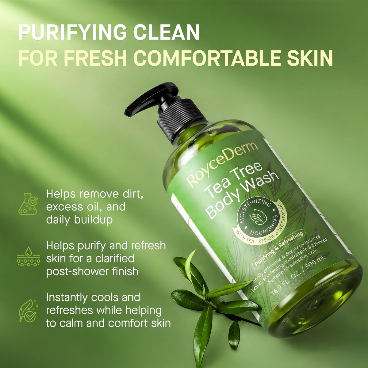 Roycederm Tea Tree Body Wash & Soap, Purifying and Refreshing Body Cleanser with Tea Tree Oil & Wormwood, Moisturizing Body Wash Helps Soothe Skin, Suitable for Men and Women, 16.9 Fl Oz