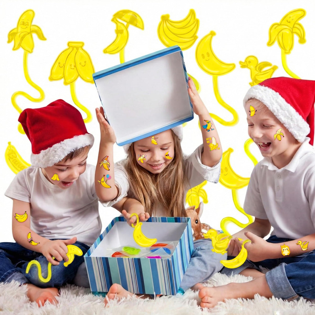 48PCS Banana Party Favors - 24 Temporary Tattoos & 24 Stick Hands