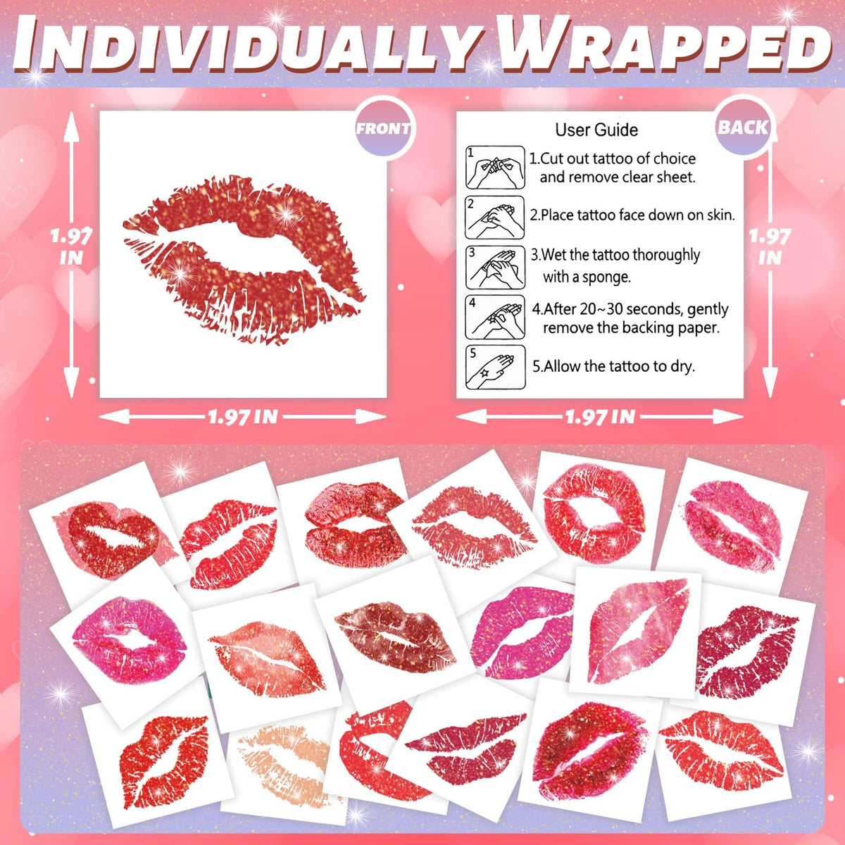 winthrop 120 Pcs Glitter Lip Print Temporary Tattoos, Individually Wrapped Kiss Tattoos, Valentine’s Day&Halloween Party Favors, Bachelorette Bridal Shower Wedding Supplies, 60 Designs