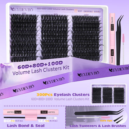 EYDEVRO Lash Clusters Kit 60D80D100D Volume Lash Extension Kit Wispy Cluster Eyelash Extensions Eyelash Extension Kit 10-18mm D Curvature Cluster Lashes with Lash Bond and Seal Tweezers Brushes