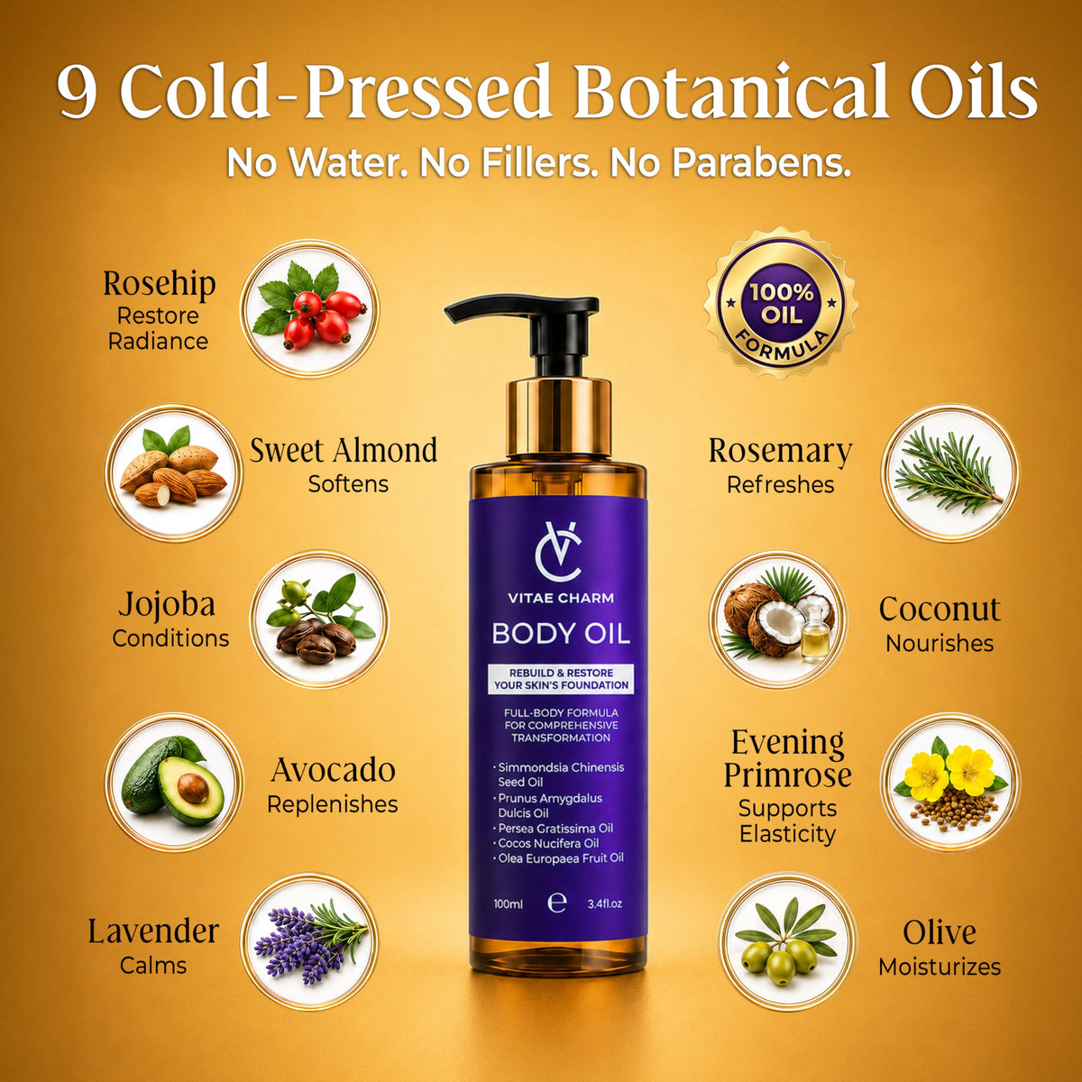 vitae charm Body Oil for Crepey, Dry & Mature Skin | 3.4 fl oz | 9 Oils Mix