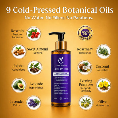 vitae charm Body Oil for Crepey, Dry & Mature Skin | 3.4 fl oz | 9 Oils Mix