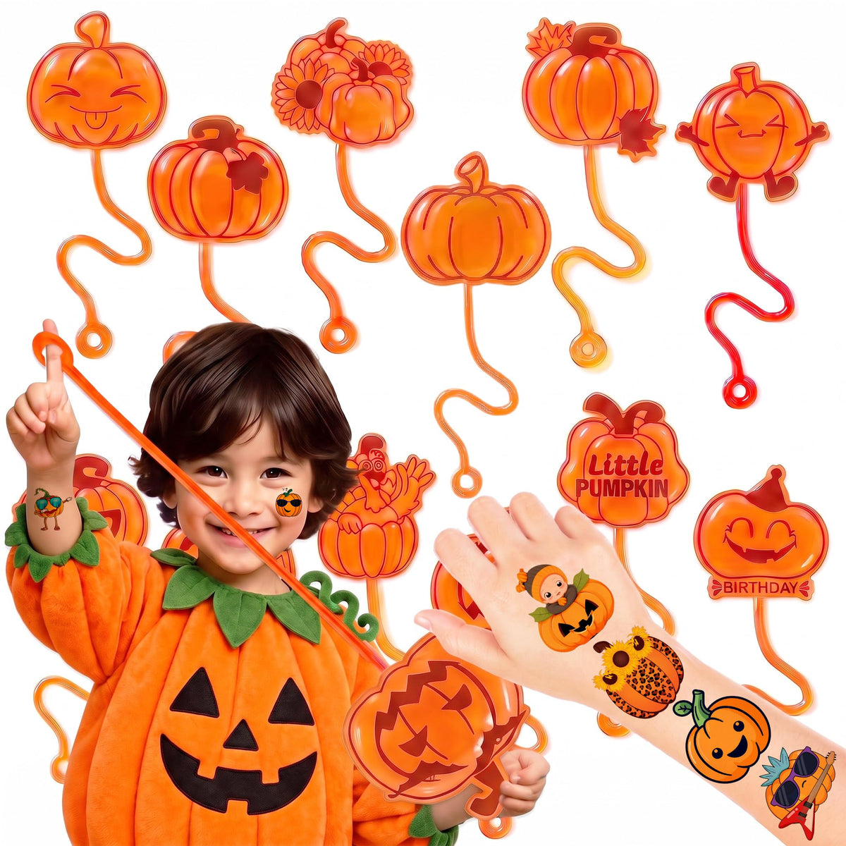48 PCS Pumpkin Party Favors - 24 Temporary Tattoos & 24 Stick Hands