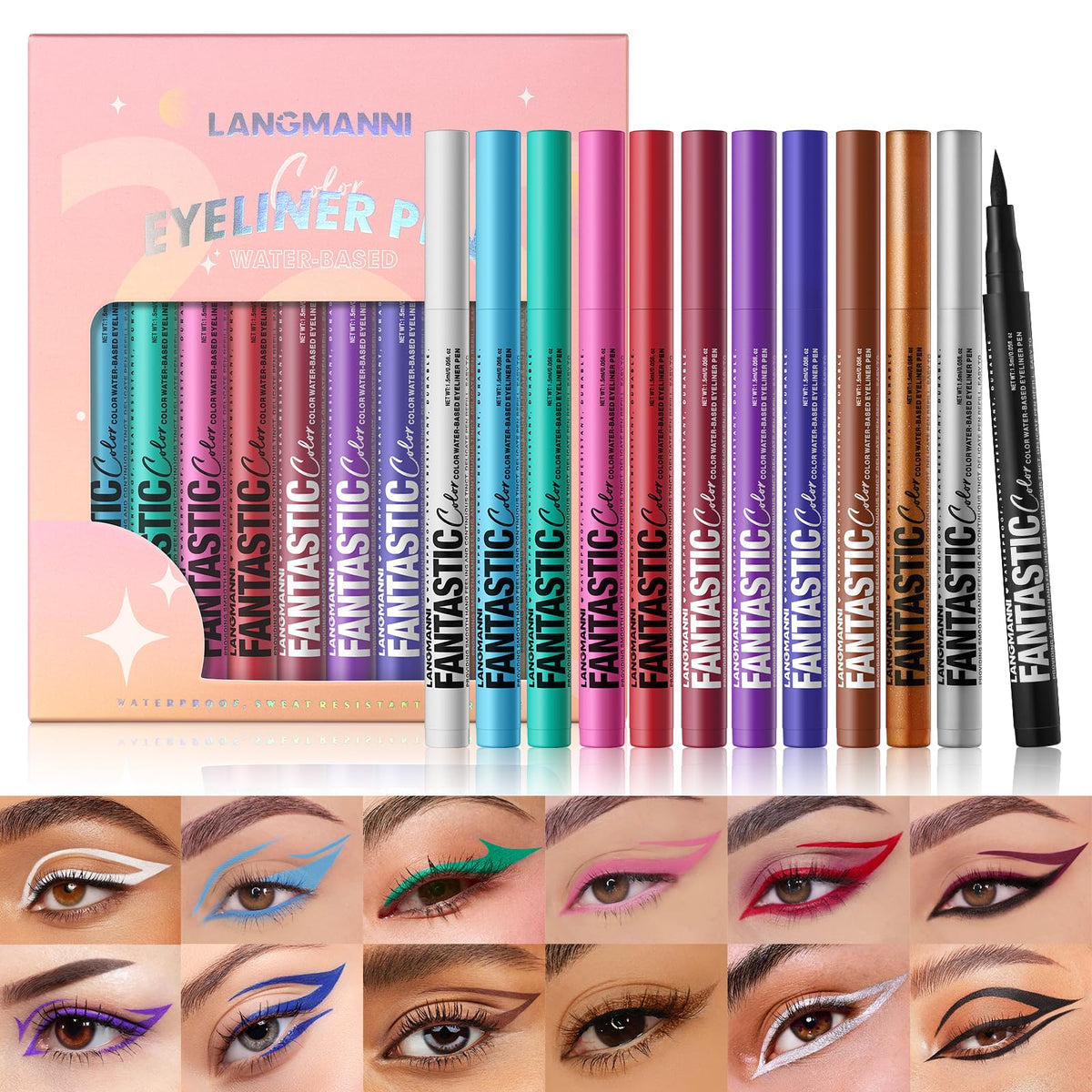 LANGMANNI 12 Colors Matte Liquid Eyeliner Set, Neon Colorful Pigmented With Long-lasting, Smudgeproof & Waterproof Eye Liner Makeup for Bold & Stunning Looks - Gift for Girls