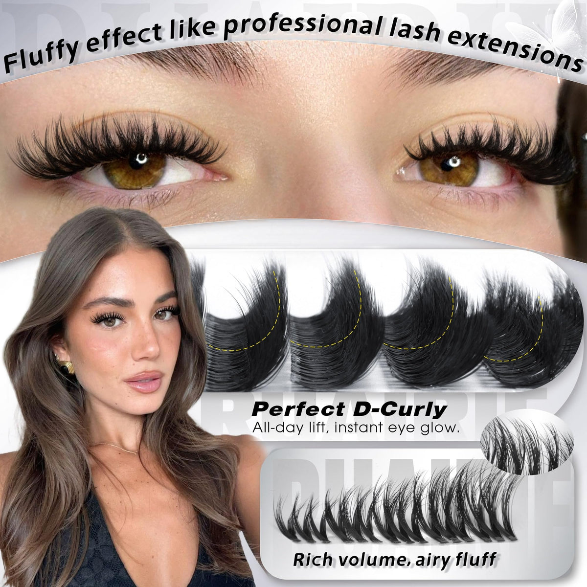 Fluffy Lash Clusters Wispy Lashes Clusters Downy Cluster Eyelash Extensions Volume Eyelash Clusters 8-16mm Faux Mink D-Curly Spider Lash Extensions Invisible Band Eyelashes Clusters