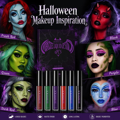BOBISUKA 6pcs Halloween Liquid Lipstick Set, High Pigmented Bold Matte Black Blue Green Purple Red Lip Gloss Set, Waterproof Smudge-proof Lip Stain Kit for Cosplay Goth Costume Makeup