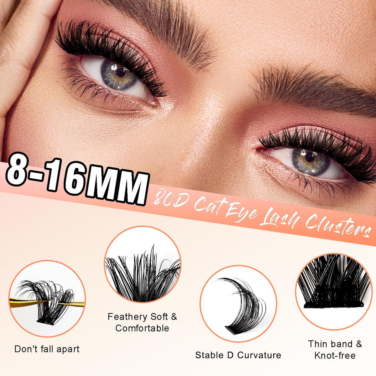 SOFENIDA Lash Clusters 80D Cluster Eyelash Extensions 8-16mm Cat Eye Wispy Eyelash Clusters 12 Pairs D Curvature Eyelash Clusters Left & Right Diy Lash Extension at Home