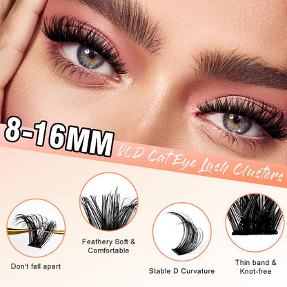 SOFENIDA Lash Clusters 80D Cluster Eyelash Extensions 8-16mm Cat Eye Wispy Eyelash Clusters 12 Pairs D Curvature Eyelash Clusters Left & Right Diy Lash Extension at Home