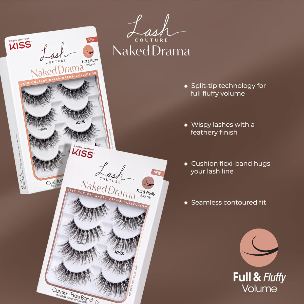 KISS Lash Couture Naked Drama Collection False Eyelashes Multipack 01 with Cushion Flexi Band, Style 'Ruffle', Full & Fluffy Volume, 4 Pairs Fake Eyelashes