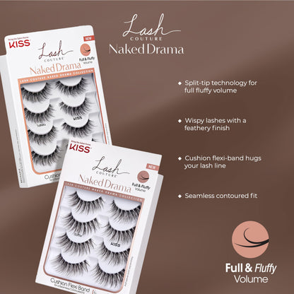 KISS Lash Couture Naked Drama Collection False Eyelashes Multipack 01 with Cushion Flexi Band, Style 'Ruffle', Full & Fluffy Volume, 4 Pairs Fake Eyelashes