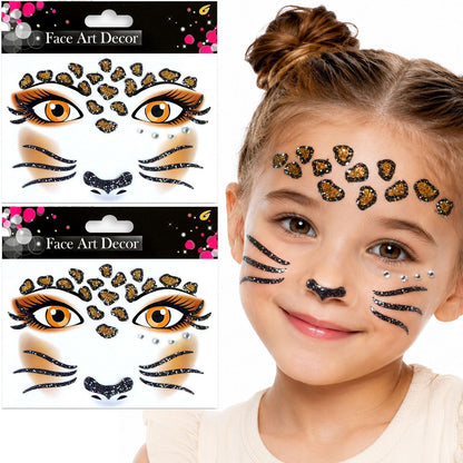 Leopard Face Tattoo Stickers with Glitter Face Jewels, 2Pcs Cute Leopard Self-adhesive Temporary Tattoo for Adult Kids Animal Makeup, Halloween, Cosplay Party Decoration Supplies