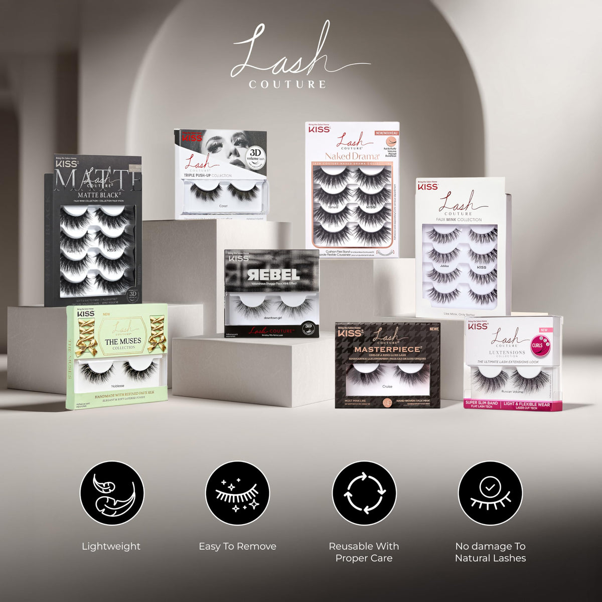 KISS Lash Couture Naked Drama Collection False Eyelashes Multipack 01 with Cushion Flexi Band, Style 'Ruffle', Full & Fluffy Volume, 4 Pairs Fake Eyelashes