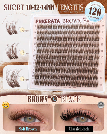 PHKERATA Short Brown Lash Clusters 10-14mm Wispy Eyelash Clusters Fluffy
